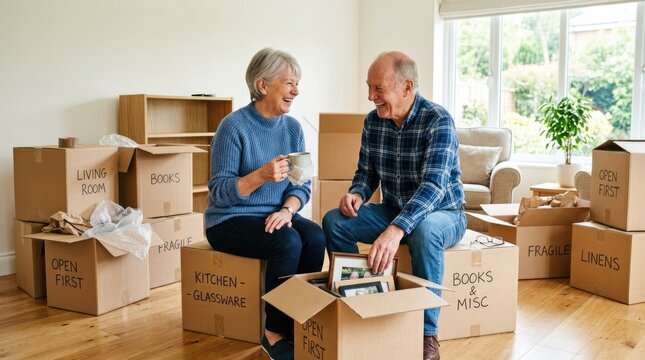 Happy Senior Couple Relaxing Among Moving Boxes While Enjoying Coffee in Their New Home