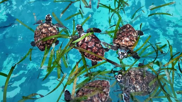 Young turtles in captivity fed with green plants or seagrass to stimulate their swimming and feeding behavior. Raise these endangered turtles to repopulate the sea