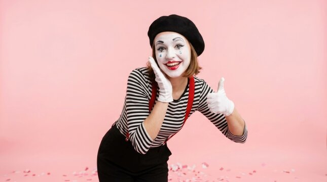 Smiling Female Mime Artist Showing Thumbs Up Gesture on Pink Studio Background