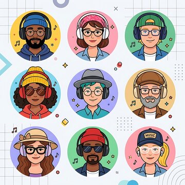 Illustrated diverse people wearing headphones and smiling