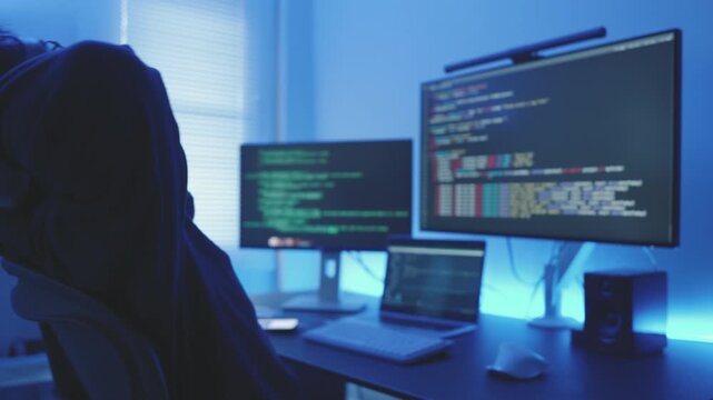 Asian IT Specialist Programmer Stretching After Late Night Coding Work. Take a Break Concept.