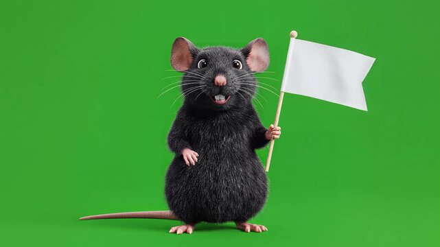 Cute 3D Cartoon Mouse Holding Blank White Flag on Green Screen