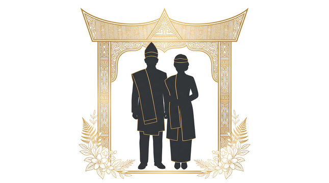 Elegant traditional Indonesian wedding couple silhouette with intricate golden details, an ornate ceremonial illustration celebrating cultural heritage, design by alevidhanu