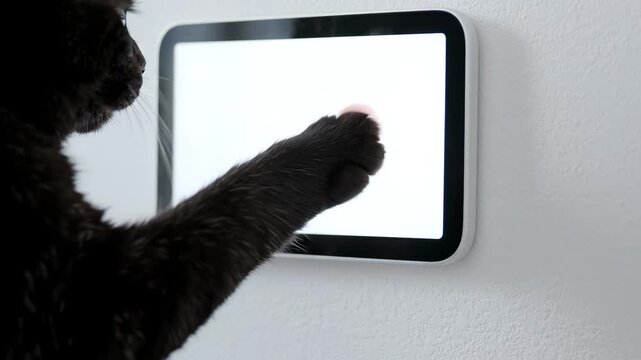 Black cat tapping on a wall-mounted touchscreen display with its paw