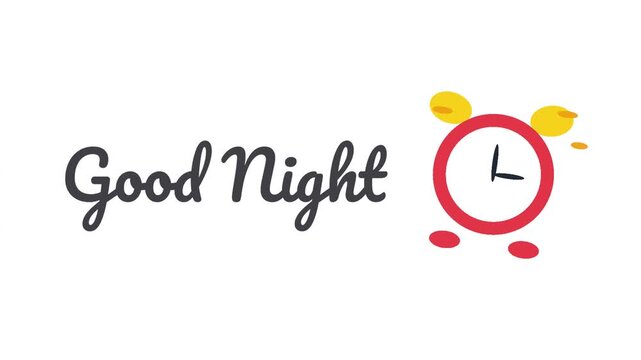 Good night text animation displaying stylized red alarm clock icons against a clean white background with video repeating animation appearing beside stylized