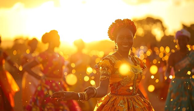 African women in traditional clothing dancing at sunset celebration.