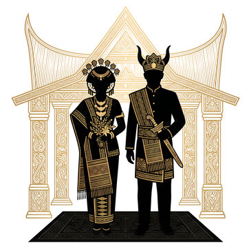 Traditional Indonesian Batak wedding couple silhouette with ethnic house background illustration design by alevidhanu