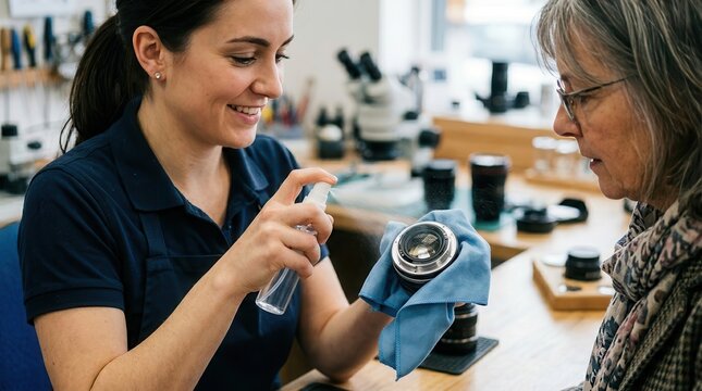 Smiling female technician spraying cleaning spray onto a camera lens held in a blue microfiber cloth while demonstrating lens care to a senior customer in a workshop