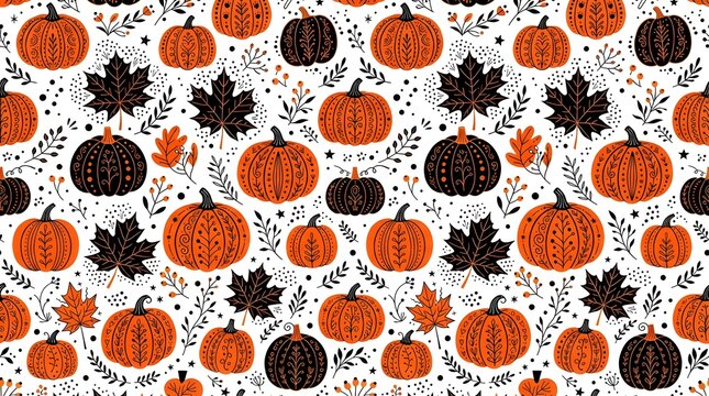 Seamless autumn pattern with decorative pumpkins and leaves