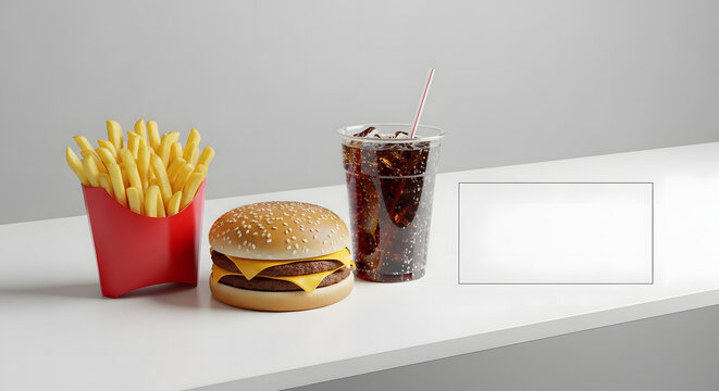 Mockup of burger fries and soft drink fast food combo on clean table with studio lighting and branding space available