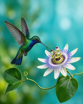 Hummingbird Hovering Beside White Passionflower