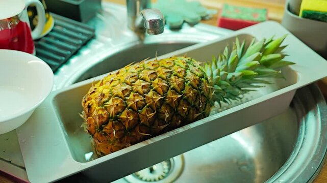 Freshly washed pineapple dries beside the sink before cutting and serving