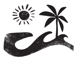 Palm Tree, Sun and Ocean Wave Icon Design with Black Ink Texture on White Background for Summer Themed Graphics © Rafi design
