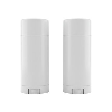Two identical blank matte white cylindrical solid deodorant containers with grey twist-up mechanisms, isolated on a transparent studio background, photorealistic 3D render, packaging design mockup
