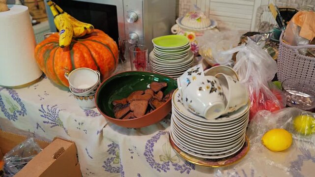Kitchen counter filled with cookware, dishes and ingredients during home cooking
