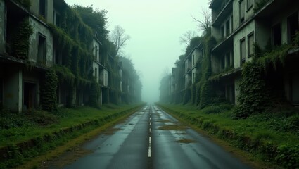 Obraz premium Abandoned city street with derelict apartment buildings overgrown by ivy and plants. Empty road in mysterious fog. Post apocalyptic world, decay and urban nature reclamation concept.