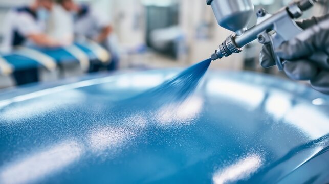 Spray gun atomizing metallic blue paint onto a car panel in sharp focus and blurred body shop workers behind. Concept of automotive custom painting.