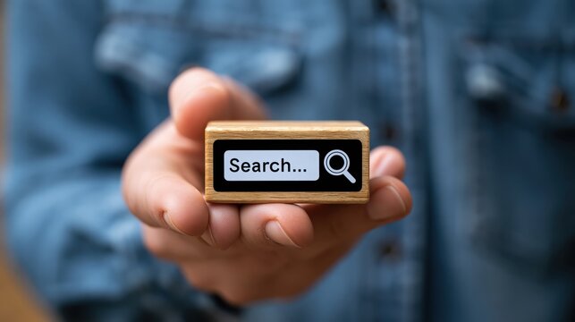 Search bar icon on a wooden block held in a hand represents the digital quest for information in a globalized marketplace.