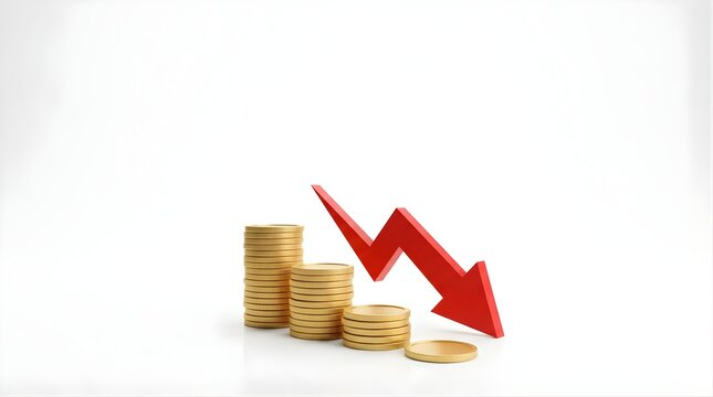 Gold coins with red arrow showing financial loss on white background