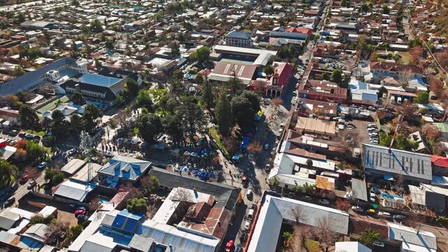 Aerial Establishing Shot of San Jos&eacute; de Maipo Town Center and Main Plaza Chile high frame rate