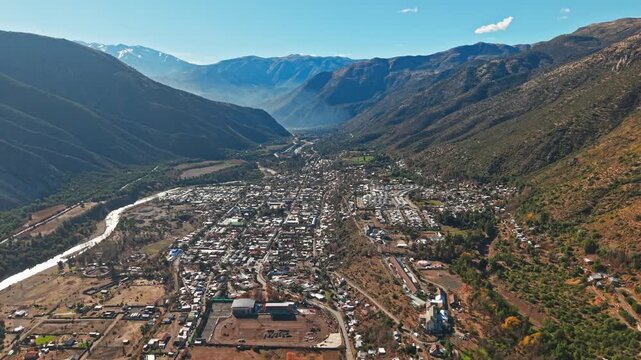 Aerial Establishing View Above San Jos&eacute; de Maipo and Maipo River Valley in Caj&oacute;n del Maipo Santiago Metropolitan Region Chile High Frame Rate