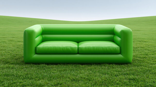 Green sofa on grass field with rolling hill and clear sky