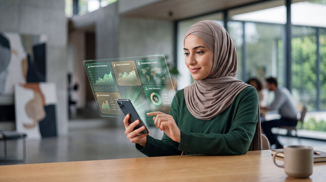 Muslim Woman Managing Ethical Islamic Fintech Investment on Smartphone Interface