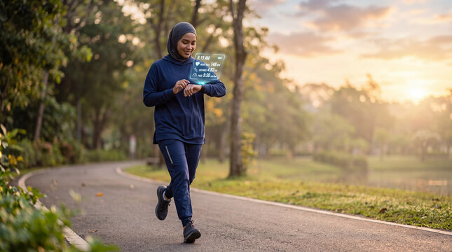 Muslim Woman Jogging in Park Checking Smartwatch Fitness Health Metrics