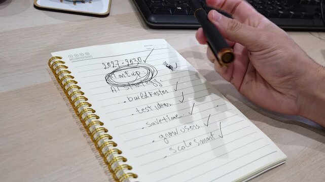 Close-up of a hand spinning a pen over an office desk. The notebook shows handwritten AI strategy goals for a 2027-2030 startup, including building faster, testing ideas, and scaling smartly.