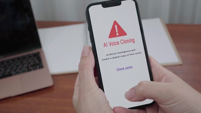 Hands hold a device displaying an AI Voice Cloning warning screen with a Clone voice option selected in a home workspace.