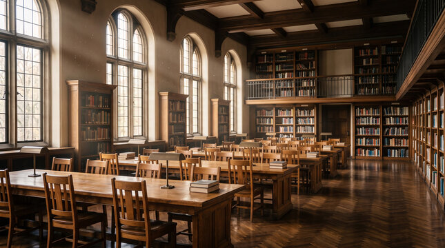 Empty classic wooden library interior with reading tables and sunlight