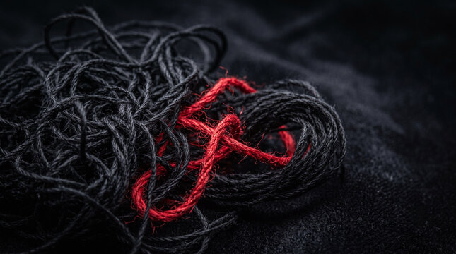 Tangled red thread standing out in a messy pile of black string