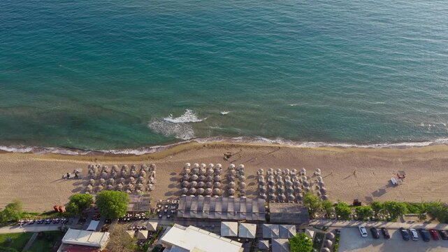 Kourouta Beach Aerial View, Turquoise Sea, Sandy Shore and Sunbed Umbrellas at Popular Greek Coastal Resort in Ilia, Peloponnese