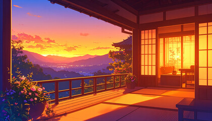 Fototapeta premium Anime Style Traditional Japanese House Veranda with Stunning Sunset Mountain Landscape