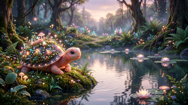 Magical pastel turtle with a glowing garden shell sitting by a pond