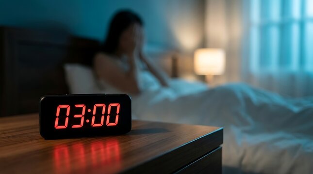 Woman suffering from insomnia sitting in bed at night feeling distressed while digital alarm clock shows three o clock hour indicating late night sleep disorder and mental health.