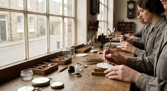 Vintage scene of women working at a wooden desk painting clock dials
