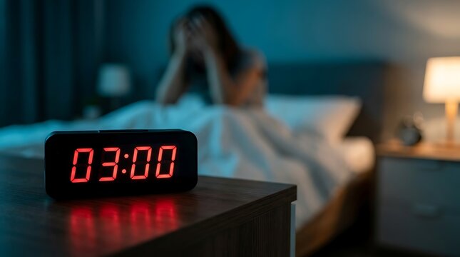 Woman sitting in bed at night feeling distressed due to insomnia while digital alarm clock shows three o clock signifying severe sleep deprivation and mental health difficulties.