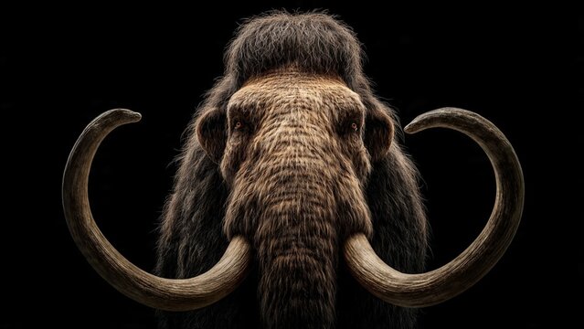 Detailed portrait of extinct woolly mammoth with large tusks isolated on black prehistoric creature wildlife paleontology isolated background