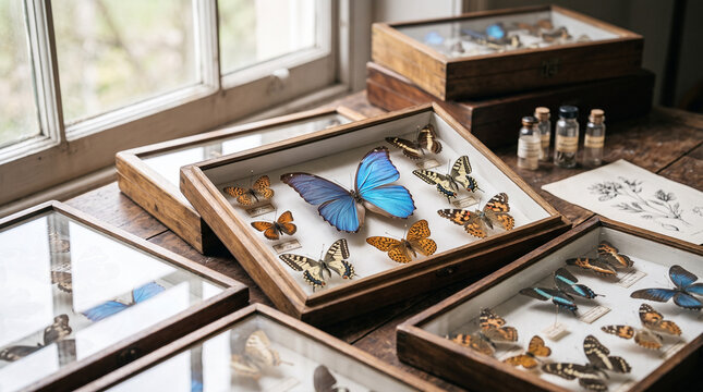Vintage butterfly collection cases with pinned specimens under bright natural window light