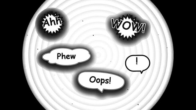 Cartoon speech bubbles with exclamations like Ahh, WOW!, Phew, and Oops! displayed against a swirling background