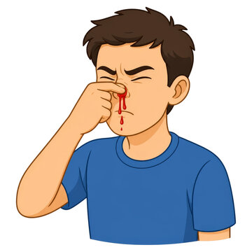 Cartoon Illustration of a Young Boy with a Nosebleed Pinching His Nose Isolated