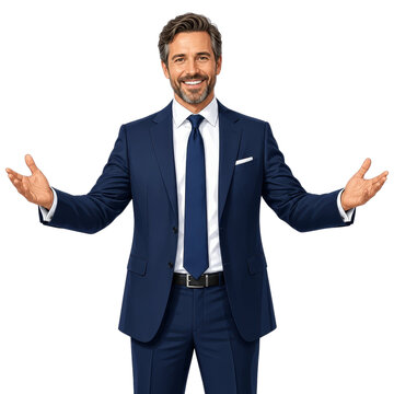 Friendly Successful Businessman in Professional Navy Suit Welcoming with Open Arms Illustration