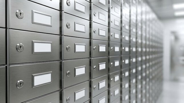 Rows of metal safety deposit boxes in modern bank vault interior with empty labels and security locks creating secure storage and financial services concept.