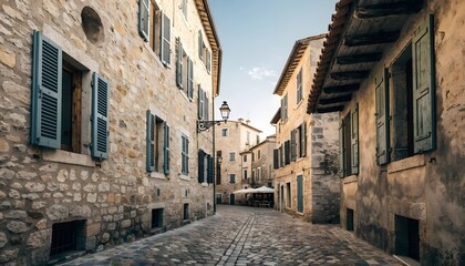 Fototapeta premium Narrow cobblestone street in a historic town. Old European village alley with stone buildings.