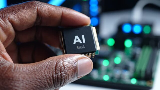 Hand holding an AI chip with 'AI' label over glowing circuit board background