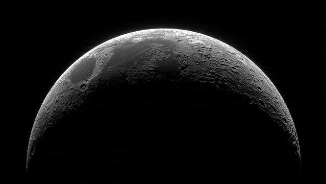 Crescent moon surface detail in dark night sky with crescent astronomy universe background astrophysics exploration satellite celestial