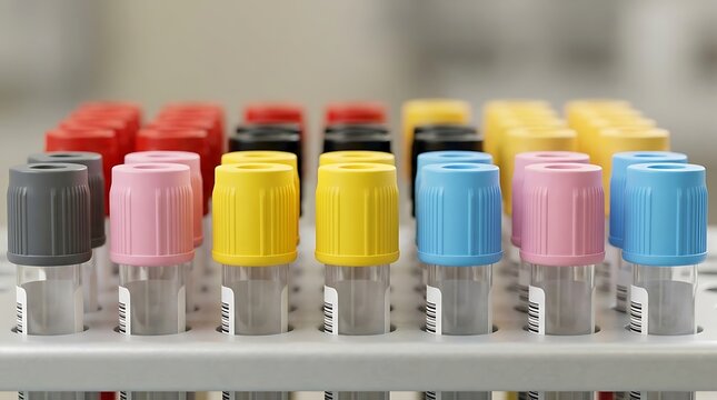 Row of colorful medical blood collection tubes with barcode labels standing in laboratory rack for clinical analysis and healthcare testing at diagnostic center or hospital setting.