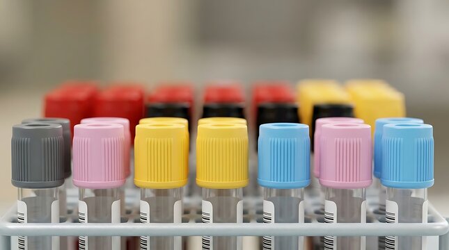 Close up shot of various blood collection test tubes with multi colored caps and barcode labels arranged in gray plastic rack for systematic laboratory diagnostics and health exams.
