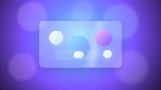 Abstract translucent glass rectangle with glowing circles of varying sizes and colors inside, set against a bokeh background of purple and blue lights